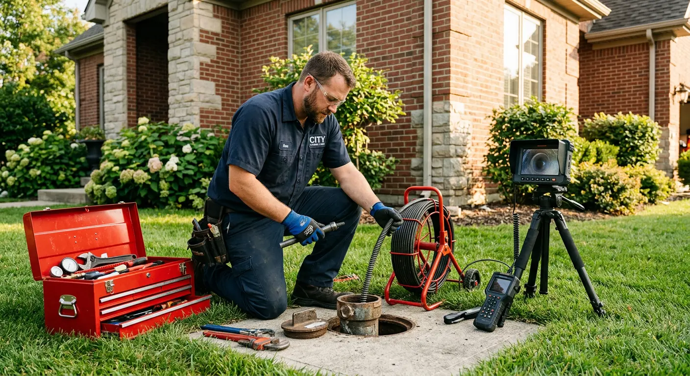 Sewer specialist with camera equipment servicing a cleanout in Fremont