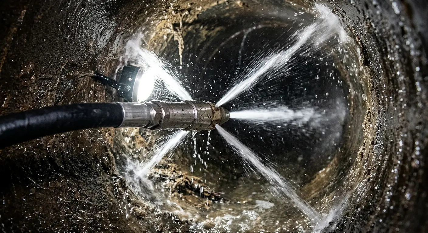 High-pressure hydro jetting nozzle cleaning sewer pipe for Trenchless Sewer Repair in Fremont
