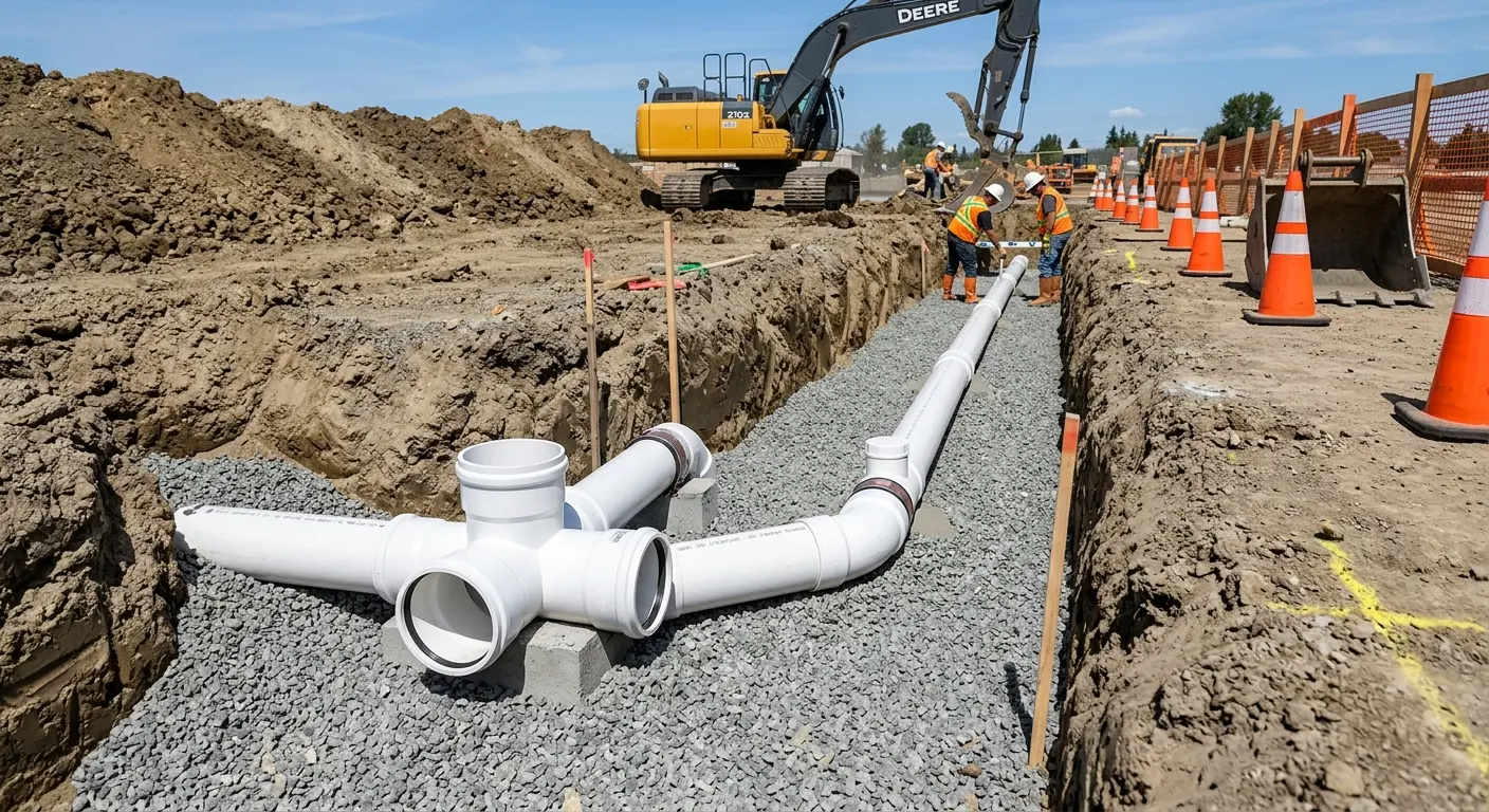 New PVC sewer pipe installation in open trench for Commercial Drain Cleaning in Fremont