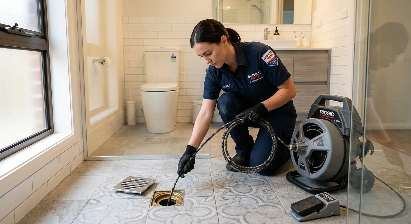 Technician clearing a bathroom floor drain for Sewer Line Replacement in Fremont